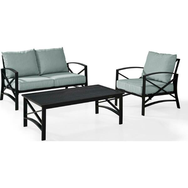 Crosley 3 Piece Kaplan Outdoor Seating Set with Mist Cushion - Loveseat, Chair, Coffee Table KO60014BZ-MI